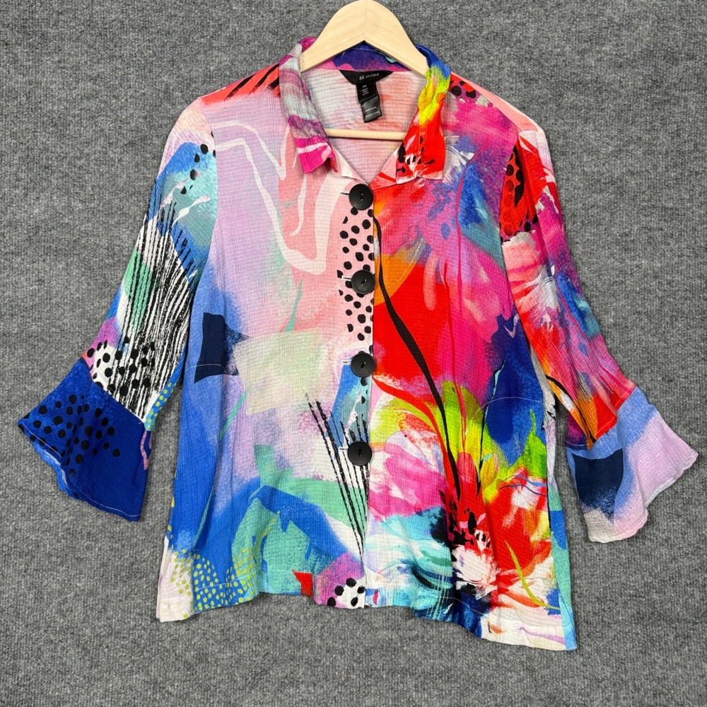 Ali Miles Petite Size Medium Shirt Blouse White Art to Wear Pockets Bell Sleeves